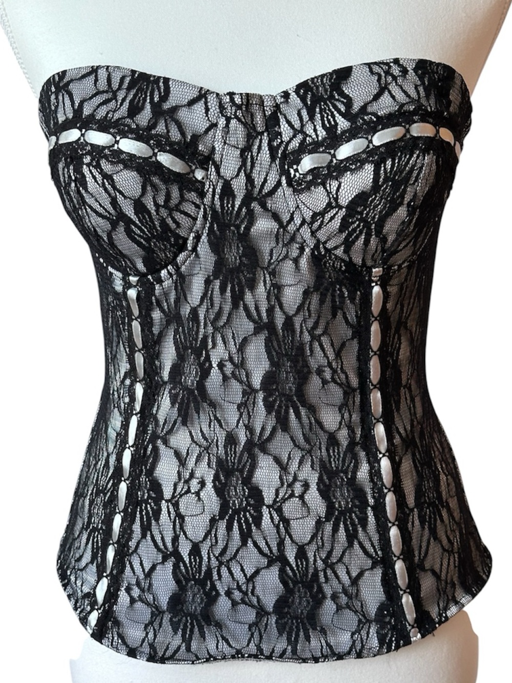 Vintage Y2K Black Lace Strapless Corset Bustier White Satin Ribbon Sexy - M